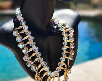 Vintage Aurora Borealis Crystal Necklace, Sparkly Mid Century Glam