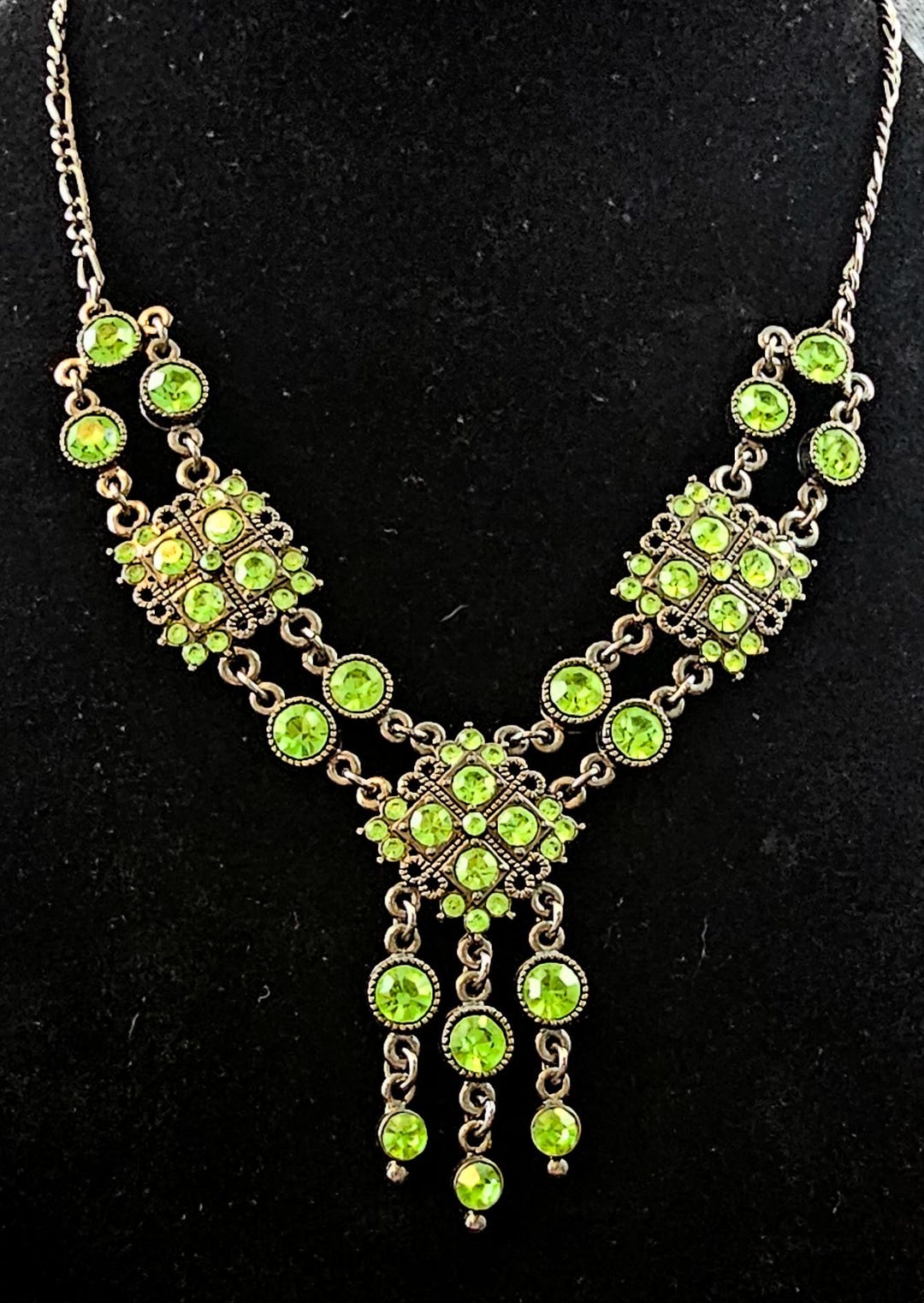 Vintage Green Rhinestone Statement Necklace | Early 2000s Gunmetal ...