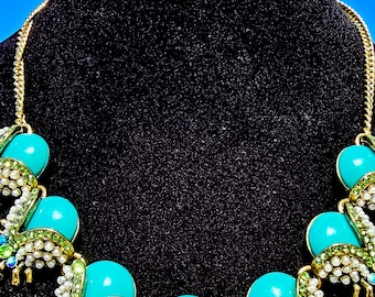 Teal Whimsical Statement Necklace, Gold Tone Rhinestone Beaded Insect Bib Retro Glam