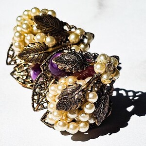 Vintage Grape Cluster Clip Earrings, Pearl Faux Grapes, Gold Tone Leaves, Purple Cabochons