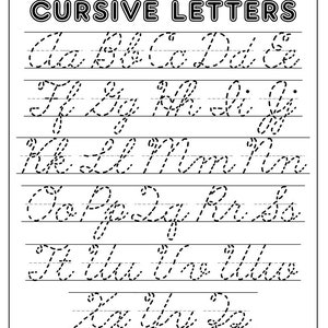 Puede incluir: Hoja de trabajo en blanco y negro con el título "I can write my CURSIVE LETTERS". La hoja de trabajo tiene líneas punteadas para trazar letras cursivas de la A a la Z.