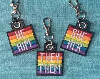 Pronouns Rainbow Flag Keychain - He/Him She/Her They/Them