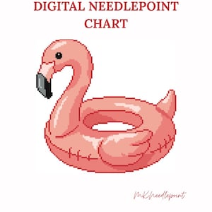 May include: Digital needlepoint chart featuring a pink flamingo pool float. The flamingo has a black beak and is set against a white background. The text "DIGITAL NEEDLEPOINT CHART" is at the top.