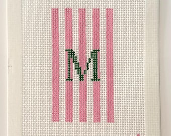 Custom Striped Initial bag tag - Hand Painted Needlepoint Canvas - 13 mesh - 1.5 x 2.7 inches (finished size)