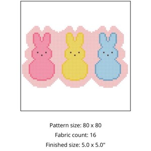 May include: Cross-stitch pattern featuring three Peeps bunnies in pink, yellow, and blue. The bunnies are set against a pink background. The text "Peeps_Pattern" is at the top. Finished size is 5.0 x 5.0 inches.