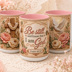 May include: Three ceramic mugs with pink interiors and handles. The exterior features a beige background with floral patterns, a wooden cross with draped fabric, and a white dove. The center mug displays the text: Be still, and know that I am God. Psalm 46:10.