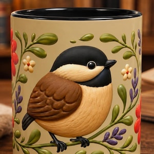 Chickadee Mug Gift for Bird Watcher Cottagecore Folk Art Nature Lover Black Capped Bird Cup