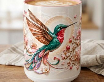 Cherry Blossom Hummingbird Mug - 3D Floral Bird Coffee Cup - Hummingbird Lover Gift Women - Nature Bird Mug - Hummingbird Gift Her