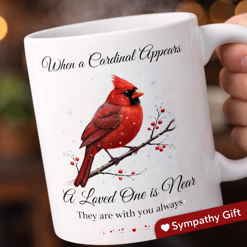 Pode incluir: Caneca de cer&acirc;mica branca com um cardeal vermelho num galho. A caneca tem o texto "When a Cardinal Appears, A Loved One is Near, They are with you always" e "Sympathy Gift".