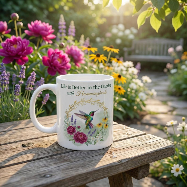 Taza con diseño de colibrí, regalo de jardín para mujeres / Taza de café para amantes de las aves / Taza floral con diseño de colibrí / Regalo para amantes de la naturaleza / Taza de jardín de primavera, 325 ml imagen 4