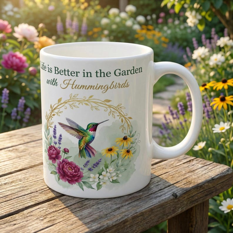 Taza con diseño de colibrí, regalo de jardín para mujeres / Taza de café para amantes de las aves / Taza floral con diseño de colibrí / Regalo para amantes de la naturaleza / Taza de jardín de primavera, 325 ml imagen 2