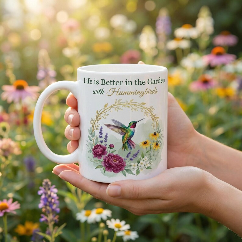 May include: White ceramic mug featuring a colorful hummingbird design with the text "Life is Better in the Garden with Hummingbirds." The mug is decorated with floral elements and a gold-colored wreath. The mug is held in front of a blurred garden background.