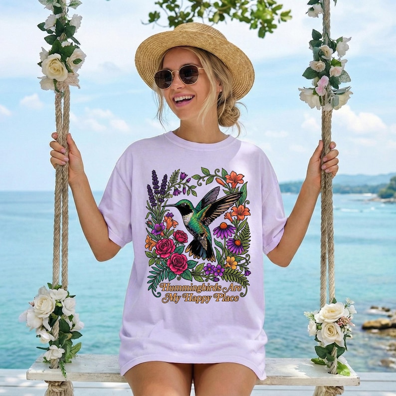 Hummingbird Shirt, Hummingbirds Are My Happy Place Tee, Bird Lover Gift image 1