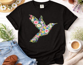 Floral Hummingbird Shirt, Nature Inspired Bird Art Tee, Spring Summer Casual Wear