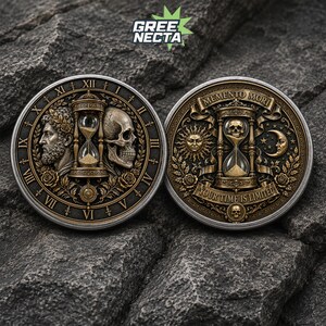 May include: Two circular metal coins featuring intricate relief designs. The left coin displays a bearded figure, a skull, and an hourglass surrounded by Roman numerals. The right coin shows an hourglass with a skull, a sun, a moon, and the text MEMENTO MORI and YOUR TIME IS LIMITED.