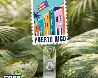 Puerto Rico Badge Reel, Stamp Country Flag Island Mountains Traveling Travel Holiday Alligator Clip, Belt Clip Gift for Nurses, Teacher