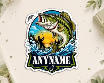 Custom Bass Fishing Name Sticker - Personalized Angler Fisherman Lake Life, Fishing Boat Waterproof Die Cut Sticker for Water Bottle, Laptop