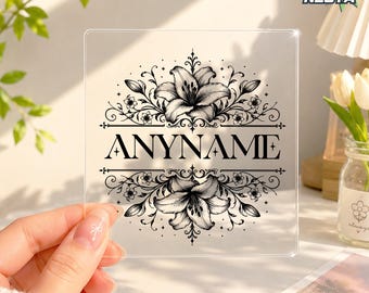 Personalized Flower Monogram Name Transparent Sticker, Custom Elegant Floral Name Decal, Waterproof for Tumbler, Cup, Water Bottle Gift