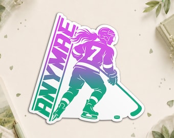 Personalized Girl Hockey Player Sticker - Custom Name And Number Ice Hockey, Sports Fan Waterproof Die Cut Stickers for Water Bottle, Laptop