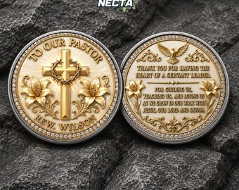 Moneda personalizada de agradecimiento al pastor, regalo personalizado con el nombre del líder de la iglesia, recuerdo cristiano de agradecimiento con cruz para el ministerio pastoral.