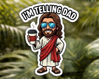Pegatina "Le estoy contando a papá sobre Jesús", divertida, con humor, Dios tomando café, dichos cristianos sarcásticos, pegatinas impermeables troqueladas para botellas de agua.