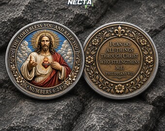 Moneda "Que el Señor te bendiga y te guarde", recuerdo cristiano con versículo bíblico de Jesús, regalo de fe de Números 6:24, obsequios simbólicos de Filipenses 4:13