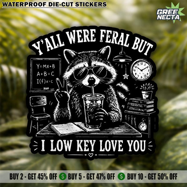 Y'all Were Feral But I Low Key Love You Sticker, Funny Raccoon Teacher Sarcastic Quotes Waterproof Die Cut Stickers for Water Bottle