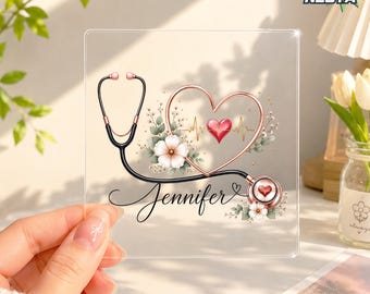 Custom Nurse Stethoscope Name Transparent Sticker, Personalized Heart Floral Clear UV Sticker, RN CNA Healthcare Worker Gift Decal