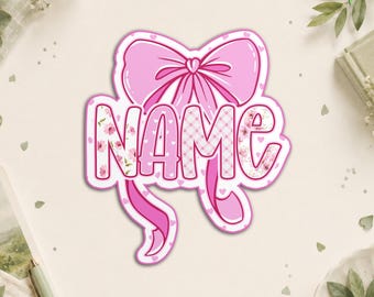 Custom Coquette Soft Girl Ribbon Bow Name Sticker - Personalized Cute Girly, Aesthetic Girls Name Waterproof Die Cut Stickers for Laptop
