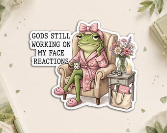 Still Working On My Face Reactions Funny Frog Christian Sticker, Sarcastic Jesus Waterproof Die Cut Stickers for Water Bottle, Laptop, Cup