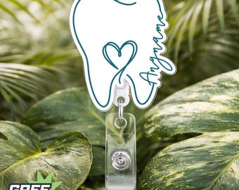 Personalized Dental Badge Reel Tooth Name Tag, Custom Dentist Hygienist ID Holder Clip Cute Dental Office Gift for Dental Staff