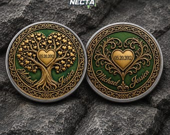 Personalized Couple Name & Anniversary Date Coin, Custom Tree of Life Keepsake Gift, Romantic Wedding Gift for Husband Wife for Couples