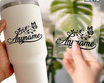 Custom Butterfly Name Transparent Sticker, Personalized Girly Floral Butterfly Name Decal, Waterproof Cup Sticker For Water Bottle, Laptop