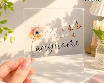 Pegatina transparente personalizada con nombre de flor de diente de león, calcomanía personalizada con nombre escrito a mano, resistente al agua para vaso, taza, botella de agua. Regalo.