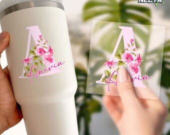Pegatina transparente con nombre personalizado, calcomanía con monograma floral inicial personalizado, pegatina impermeable para botella de agua, portátil, regalo