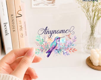 Custom Hummingbird Name Transparent Sticker, Personalized Flower And Bird Name Decal, Waterproof for Tumbler, Cup, Water Bottle Gift