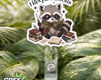 Funny Raccoon Badge Reel, Cute Book Lover ID Holder Clip I Require Books Reading Gift for Librarian Teacher Women Bookworms Fans Staffs