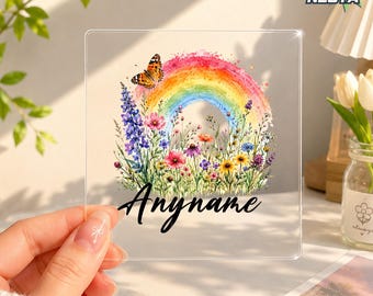 Custom Floral Name Transparent Sticker, Personalized Wildflowers Rainbow Cute Name Waterproof Tumbler Sticker For Water Bottle Helmet Gift