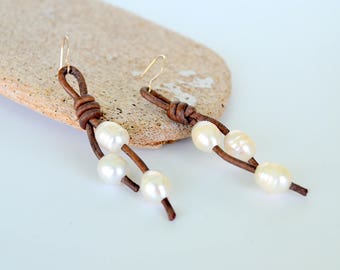 Leather and Pearl Knot Earrings, Natural Dyed Grey Leather and 6 Chunky Pearls, Other Colors or Clip On Available, Gift Boxed, Free Shipping