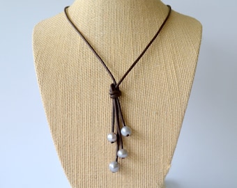 Leather and Pearl Necklace, Knotted Matte Brown Leather with Grey Freshwater Pearl Fringe, Other Colors Available, Gift Boxed, Free Shipping