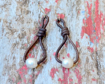 Leather and Freshwater Pearl Knot Earrings, Natural Dyed Grey Leather, Other Colors Available, Clip On Available, Gift Box, Free US Shipping