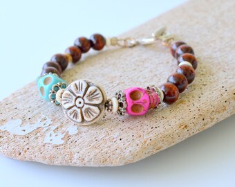 Sugar Skull and Carved Bone Flower Bracelet with Wood Beads and Bone Beads, Dia De Los Muertos, Day of the Dead, Gift Boxed, Free Shipping