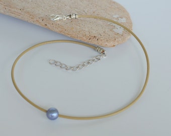 Leather and Pearl Necklace, A Single Blue Freshwater Pearl on Khaki Cord, Choker Length, Other Colors Available, Gift Box, Free US Shipping
