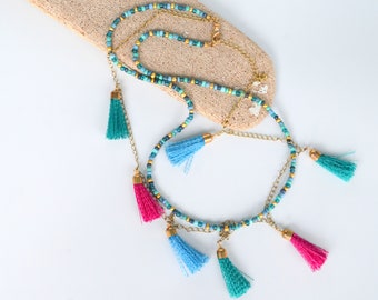 Colorful Tassel and Seed Bead Necklace, Two Strands, Statement Necklace, Pink, Blue and Aqua Tassels, Free Shipping in the US, Gift Boxed