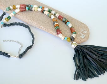 Leather Tassel, Pearl and Gemstone Necklace, Agate Tiki Beads, Howlite, Pave Beads and More, Braided Leather Back, Gift Boxed, Free Shipping