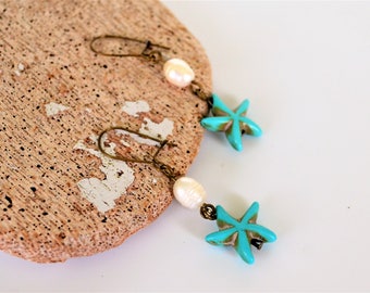 Aqua Starfish Earrings, Dangly Cute Star Fish Charms with Freshwater Pearls, Clip On Available, Gift Boxed, Free Shipping in the US