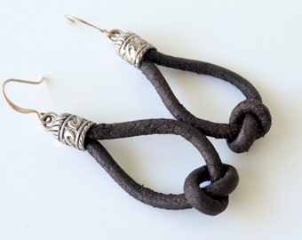 Leather Earrings Knotted Dark Brown Leather Cord, Silver Plated Hardware, Cowgirl Chic, Clip Ons Available, Gift Boxed, Free Shipping