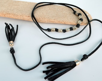 Black Rawhide Leather Cord, Tassel, and Silver Bead Lariat Necklace, Customization Available, Gift Boxed, Free Shipping in the US