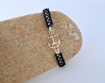 Anchor Bracelet, Navy Blue and White Knotted Leather, Nautical and Preppy Friendship Bracelet, Gift Boxed, Free Shipping