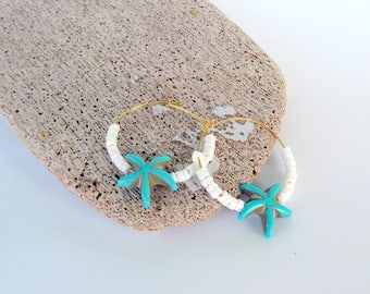 Aqua Starfish Earrings, Dangly Cute Star Fish Charms with Freshwater Pearls, Clip On Available, Gift Boxed, Free Shipping
